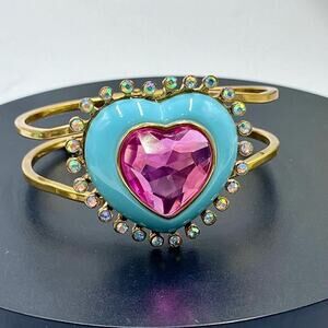 Betsey Johnson Signed Candy Land Pink Heart Rhinestone Blue Enamel Bangle